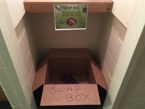 The Sustainability Club is promoting Swap Boxes in an attempt to help Bluffton students share and reuse items that otherwise might end up in a landfill. Any student is welcome to take and use anything they find in a Swap Box, and all students are encouraged to share their unwanted items with others in the community. Photo by Erika Byler