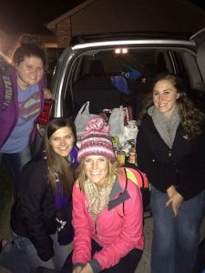 Social work students gather with the canned goods they collected Thursday for the local food bank. From left: Rachel Schoener, Emily Bolen, Raven Wilson and Abby Smarkle. Photo courtesy of Emily Bolen